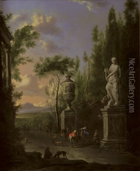 A Hawking Party At The Foot Of An Ornamental Staircase, With A Mountainous Landscape Beyond (collab. W/adriaen Van De Velde) Oil Painting - Frederick De Moucheron