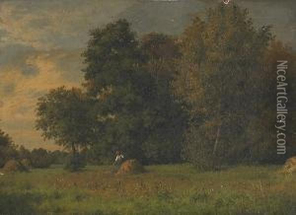 A Woman Working In A Field With A Wooded Landscape Beyond Oil Painting - Jacob Maurer