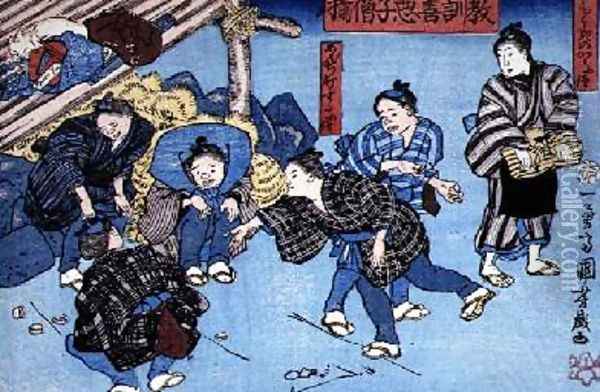 Moral teaching for shopboys giving good and bad examples of behaviour 12 Oil Painting - Utagawa Kuniyoshi