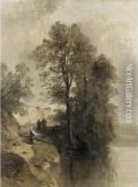 On The Riverbank Oil Painting - Ciceri, Eugene