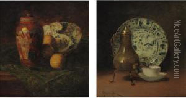 Still Life With Coffe Urn And 
Still Life Wtih Asian Ceramics And Oranges: A Pair Of Paintings Oil Painting - John Henry Dolph