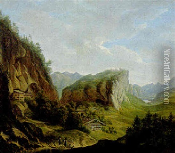 Figures In An Alpine Landscape Oil Painting - Ferdinand Wilhem von Couven