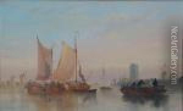 Barges And Other Boats On The Norfolk Broads Oil Painting - Sir Augustus Wall Callcott