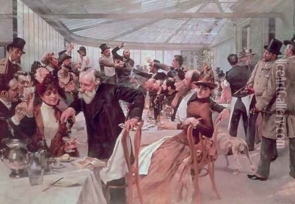Scandinavian Artist's Luncheon at Cafe Ledoyen on Varnishing Day, 1886 Oil Painting - Hugo Birger