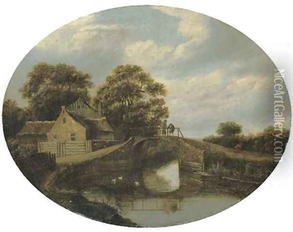 A wooded river landscape wih figures on a bridge near a house Oil Painting - Roelof van Vries