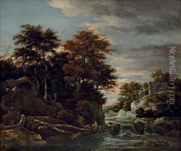 A Wooded River Landscape With A Waterfall, A Shepherd With His Flock And Houses Beyond Oil Painting - Jacob Van Ruisdael