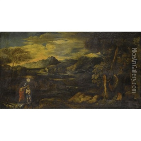 Arcadian Landscape With The Baptism Of Christ Oil Painting - Gaspard Dughet