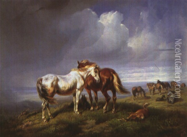 Pferde Auf Der Weide Vor Dem Sturm Oil Painting - Benno Raffael Adam