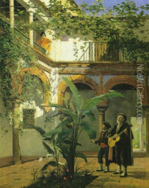 Innenhof Mit Strassensangern Oil Painting - Eugene Alexis Girardet