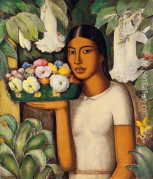Mujer Con Flores Oil Painting - Alfredo Ramos Martinez