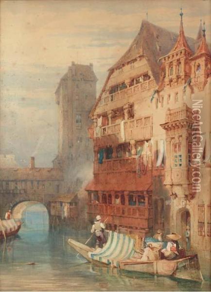 Figures Unloading A Barge On The River Pegnitz Oil Painting - Samuel Prout
