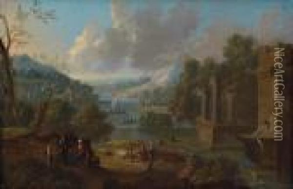 Adriaen Frans Boudewijns 
Attribuito; Coppia Di Paesaggi Fluviali Del Sud Con Rovine Romane Oil Painting - Peeter Bout