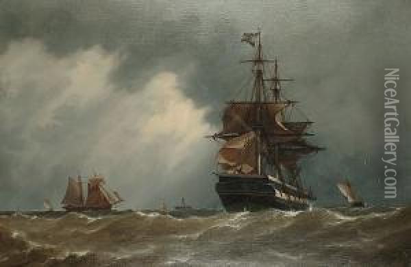 Heaving-to Off The Lightship Waiting For A Pilot Oil Painting - Richard Henry Nibbs