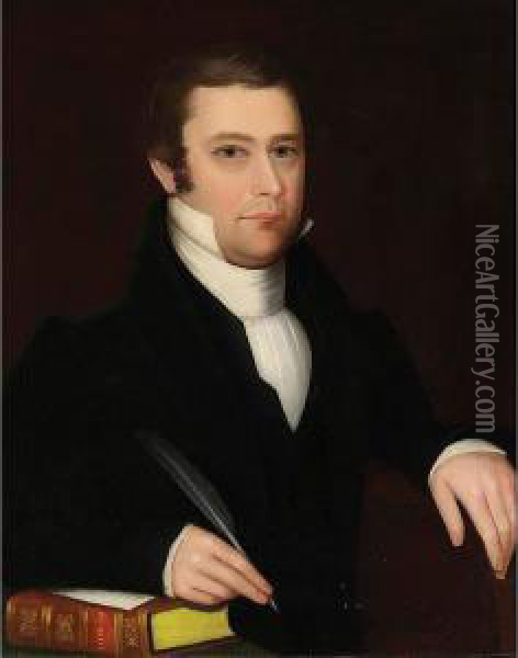 Portrait Of A Dark-haired Gentleman With Pen And Bible Oil Painting - Ammi Phillips