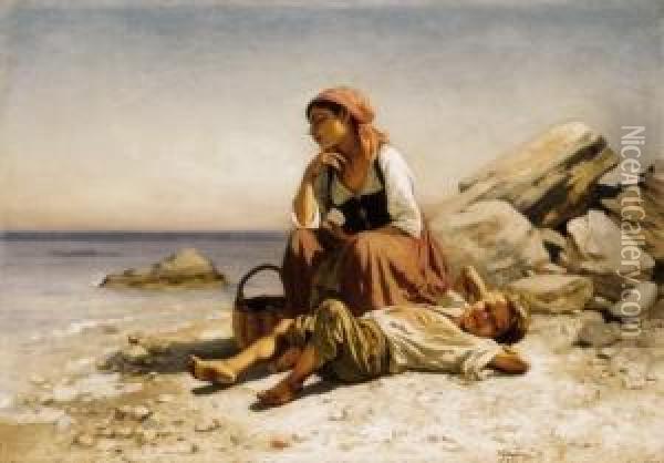 Italian Beach Oil Painting - Janos Johann Valentiny