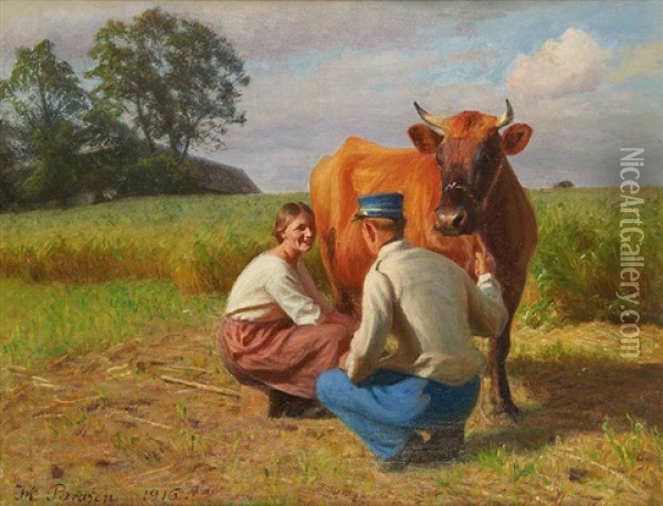 La Traite De La Vache En Galante Compagnie Oil Painting - Hans Ole Brasen