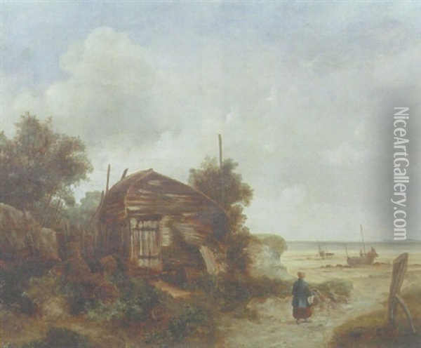 Fishing Boats Drawn Up On The Shore Oil Painting - Henry Bright