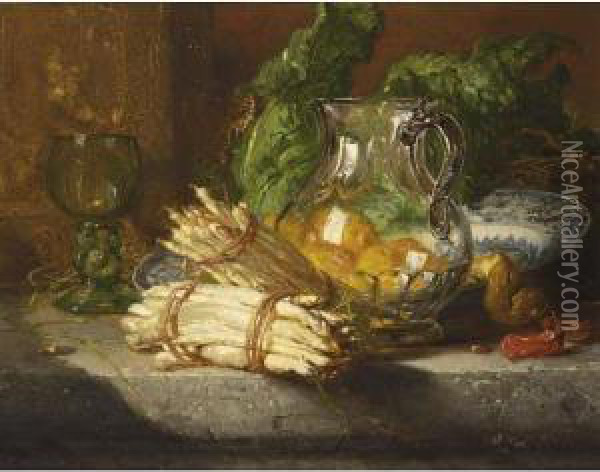 A Still Life With Asparagus And Lemons Oil Painting - Maria Vos