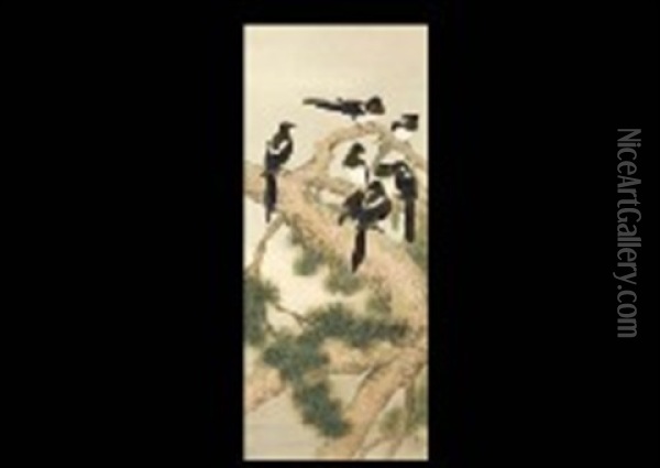 Pica Pica On The Old Pine Oil Painting - Ogata Gekko