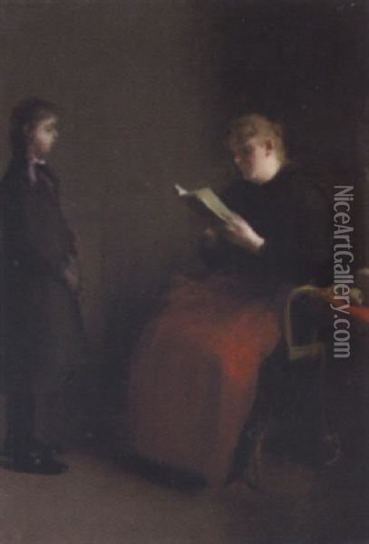 Interior Med Kvinde, Der Laeser En Ung Piges Karakterbog Oil Painting - Etienne Tournes