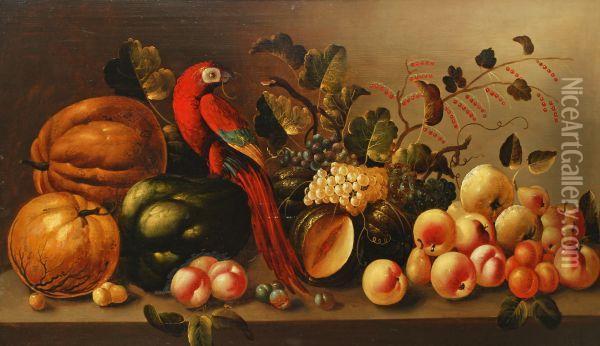 Still Life Of Fruit And A Parrot On A Stone Ledge Oil Painting - Abraham Van Calraet