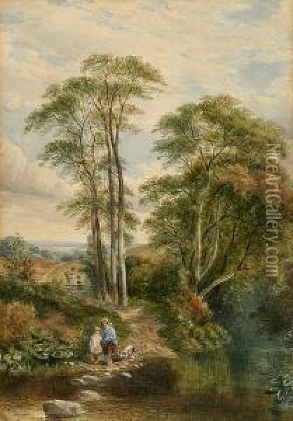 Children And Their Dog At The River's Edge Oil Painting - Henry Jutsum