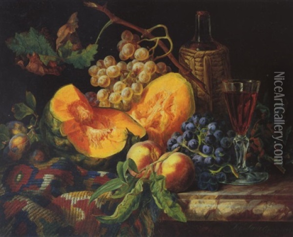 Fruchtestilleben Mit Melone, Teppich Und Rotweinpokal Oil Painting - Josef Lauer