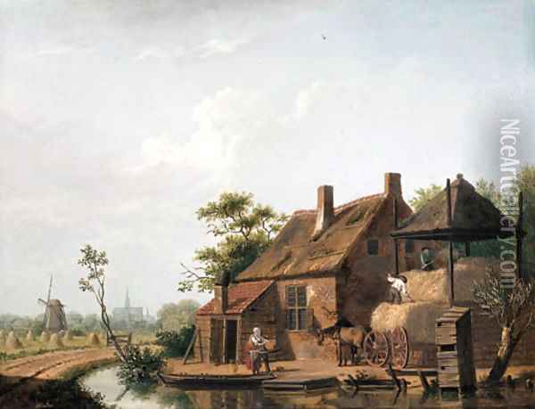 A farmstead by a canal Oil Painting - Isaak Ouwater