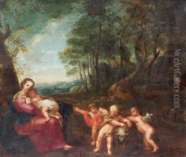 Maria Mit Dem Kind, Dem Johannesknaben Und Zwei Engeln In Einer Bewaldeten Landschaft Oil Painting - Hendrik van Balen the Elder