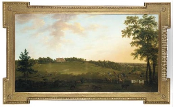 View Of Boldreview Lodge With A Hunting Party, Cattle, Horses, Deer And Other Figures In The Foreground, The New Forest Beyond Oil Painting - William Tomkins