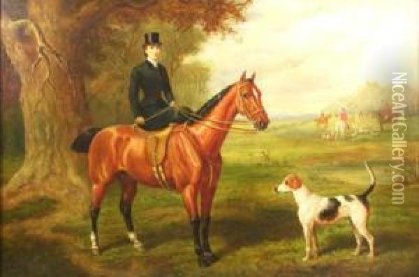 A Huntswoman Sittingsidesaddle By A Hound, The Hunt In The Distance Oil Painting - Edward Benjamin Herberte
