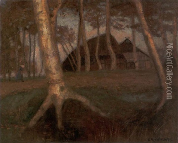 Herbstabend Im Moor - Hinter Birkenstammen, Die In Der Letzten Abendsonne Leuchten Oil Painting - Otto Modersohn