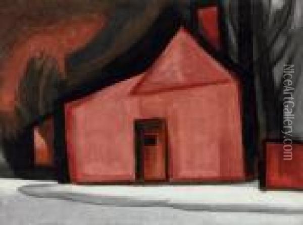 Red Shack Dwelling, Snow Oil Painting - Oscar Bluemner