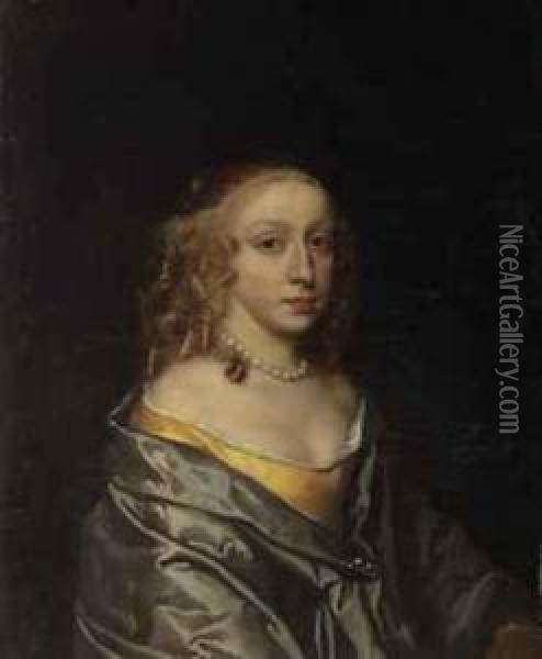 Portrait Of Mary Lee, Wife Of 
Sir John Morley, Half-length, In Ayellow Dress And Blue Mantle, With A 
Pearl Necklace Oil Painting - Sir Peter Lely