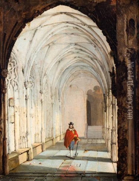 Kerkmeester In Een Abdijgalerij Oil Painting - Pieter Hendrik Lodewijk Jonxis