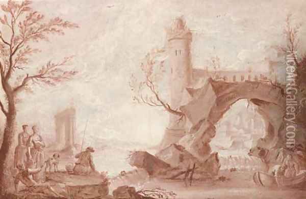 Anglers and fishermen by a weir, a natural arch and a tower beyond, en grisaille Oil Painting - Jean-Baptiste Pillement