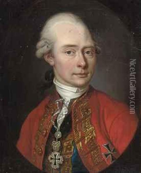Portrait Of A Gentleman, Bust-length, In Red Coat And Blue Waistcoat, Wearing Decorations, In A Feigned Oval Oil Painting - Franz Linder