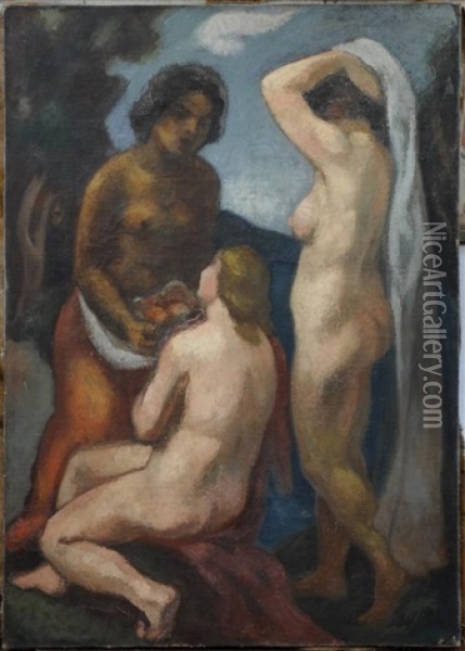 Les Trois Graces Au Bain Oil Painting - Manuel Ortiz De Zarate