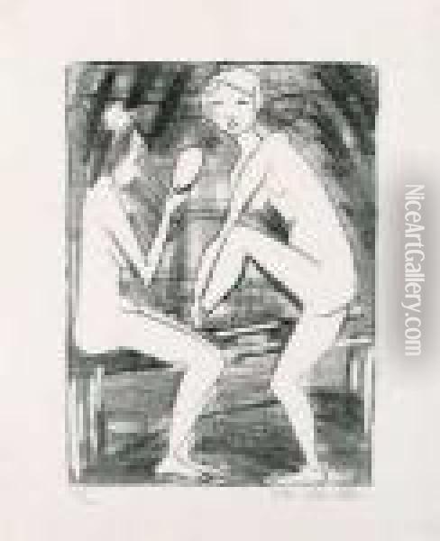 Zwei Madchen Mit Handspiegel (2) Oil Painting - Otto Mueller