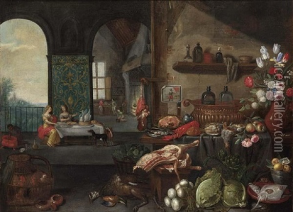 A Kitchen Still Life With A Ham And Herring On Silver Plates Oil Painting - Jan van Kessel the Elder