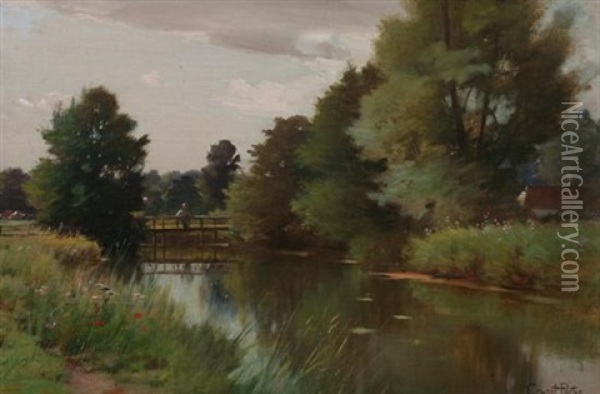 Footbridge Over Stream Oil Painting - Ernest Parton