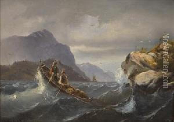 To Roende Menn I Fjordlandskap Oil Painting - Adolph Georg Gustav Steinhauser