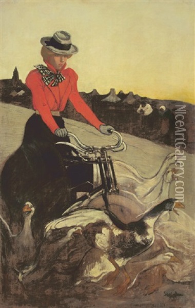 Motocycles Comiot : Painting. 1899 Oil Painting - Theophile Alexandre Steinlen
