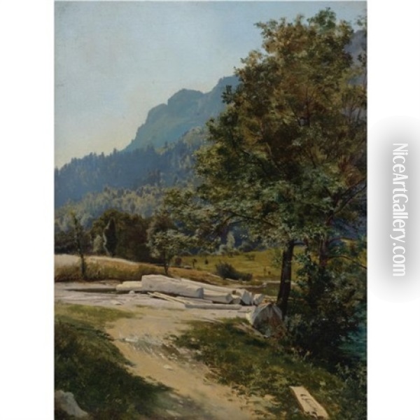 Wald Mit Gefallten Baumen - Wooded Landscape Oil Painting - Carl Schuch