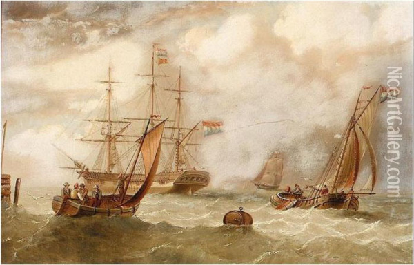 Dutch Man O' War With Sailing Barges In The Foreground Oil Painting - Edward King Redmore