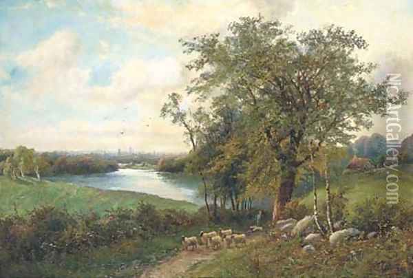 A shepherd with his flock on a riverside track Oil Painting - Octavius Thomas Clark