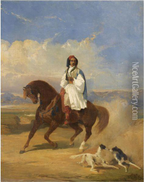 Greek Soldier On Horseback Oil Painting - Alfred De Dreux