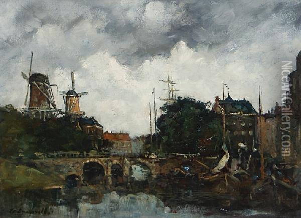 Dutch Canal Scene Oil Painting - Frans Langeveld