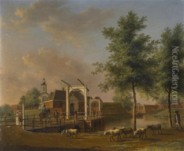A View Of Hogewoerd City Gate, Leiden, With Figures On The Bridge And A Shepherd With His Flock Oil Painting - Johannes I Janson