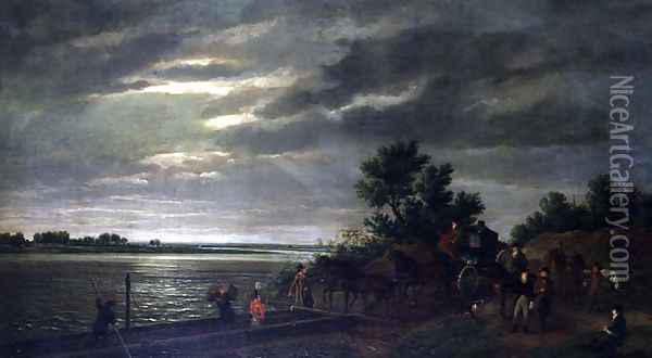 A Carriage and Horses entering a ferry boat on the river Leck in Holland at night Oil Painting - Ramsay Richard Reinagle